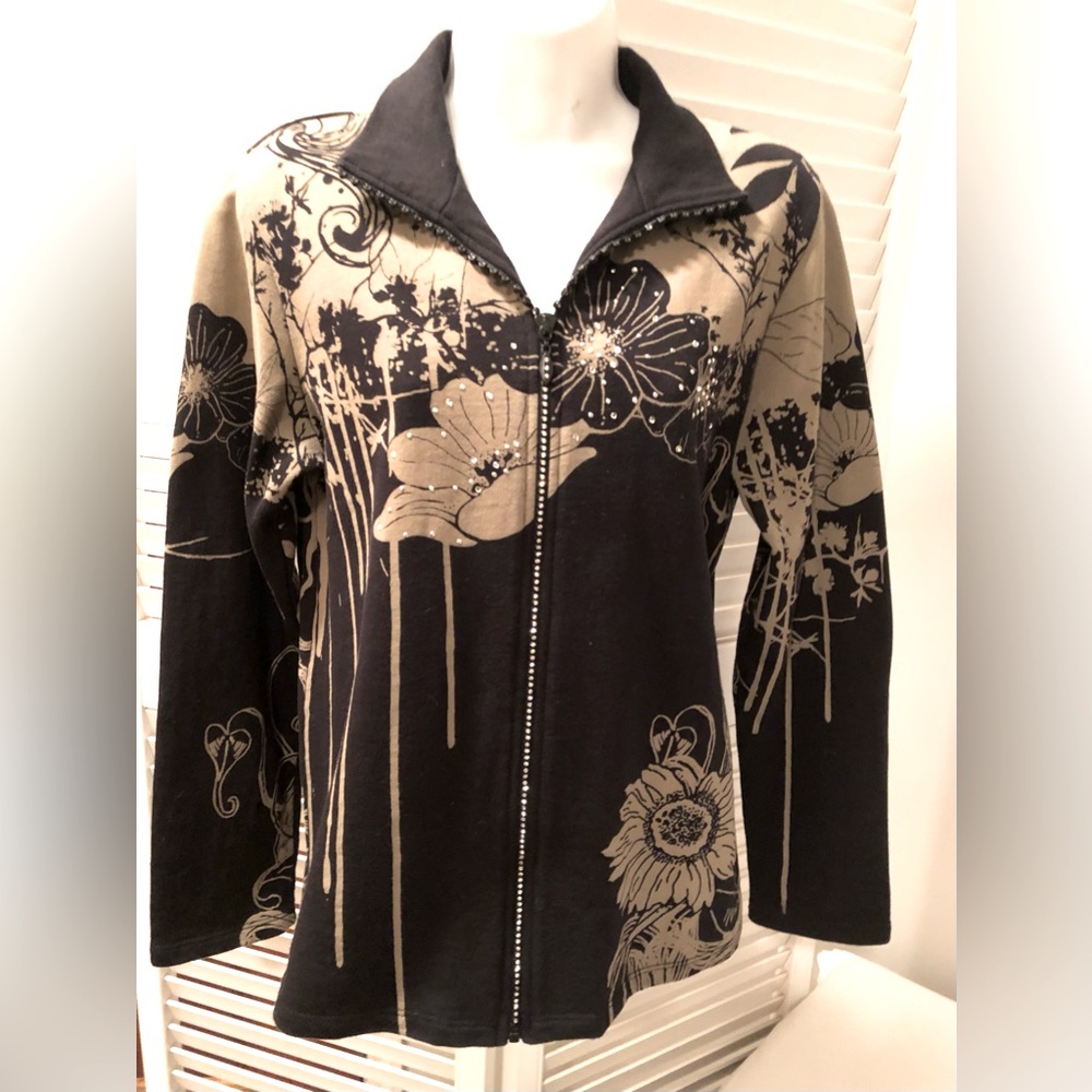 Vintage JESS & JANE Rhinestone Studs Zipper Flowers Black Taupe Knit Jacket (S)